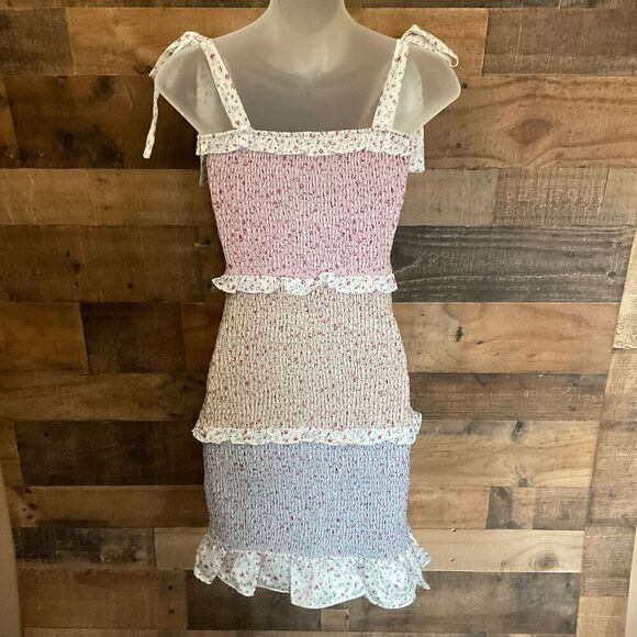 Storia Mini Dress Size Floral Colorblock Blue Pink Tan Square Neck Ruffled Hem S - Picture 6 of 7